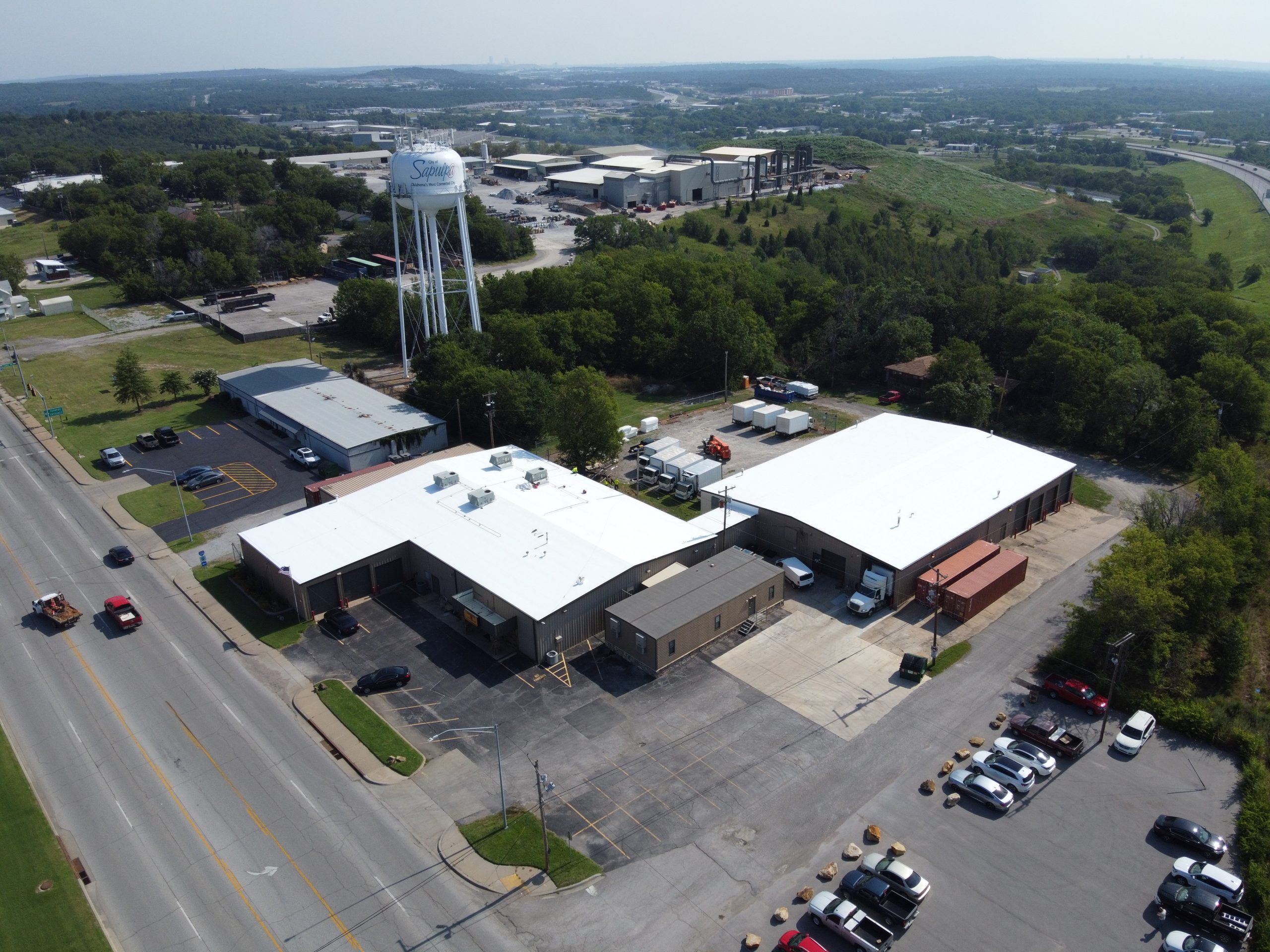 Drone shot of a completed commercial TPO roof