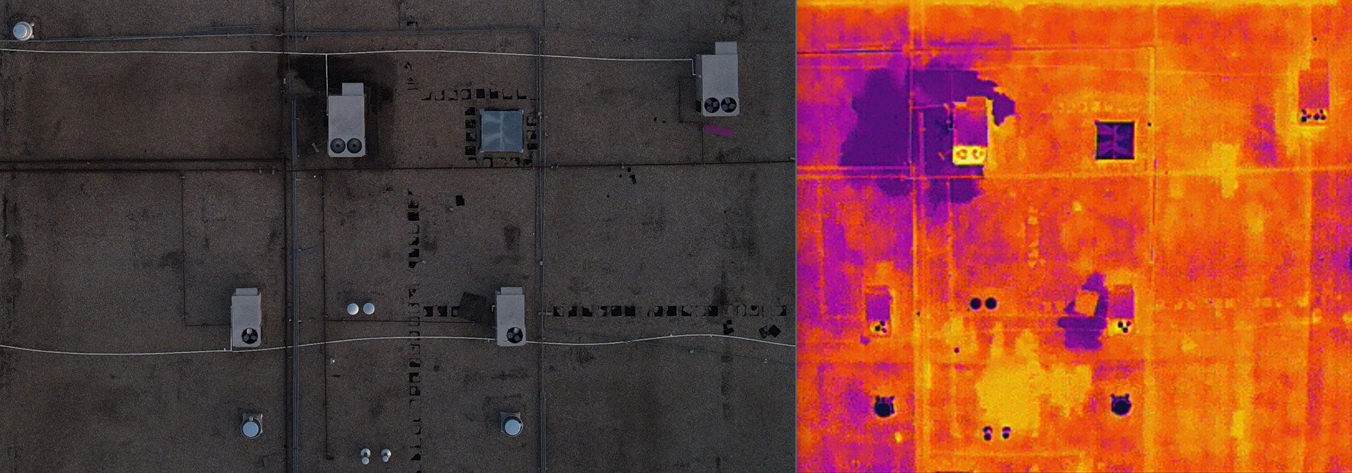 Commercial roof shown in a visual drone photo beside the thermal scan of the same area