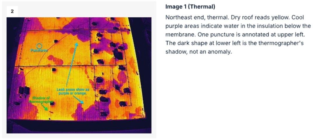 Page from the AssetRoof sample thermal report: annotated thermal image with the inspector's notes